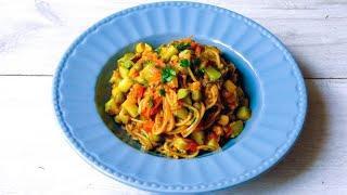 ПП рецепт спагетти с машем, горошком, кукурузой и кабачком в мультиварке
