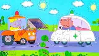 Доктор Медведь и Мистер Носорог на служебном транспорте - контурные пазлы для малышей Свинка Пеппа