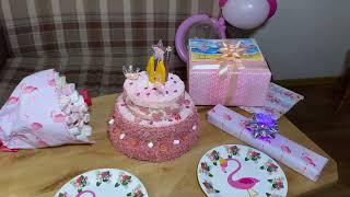 Торт без выпечки 3х ярусный. День Рождения в стиле фламинго