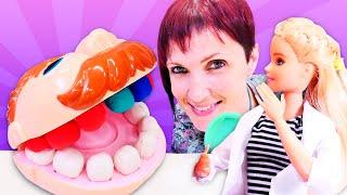 Барби стоматолог - Маша Капуки и Барби лечат зубы мистеру Зубастику - Видео для детей