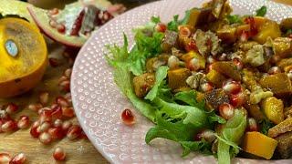 Рецепты из хурмы | Тёплый салат с жареной хурмой, мясом и гранатом