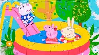Пеппа, Сьюзи и Ребекка играют в летнем бассейне - собираем пазлы для детей Свинка Пеппа