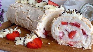 Меренговый Рулет с Клубникой и Сливками рецепт // Meringue roll with Strawberries and Cream recipe