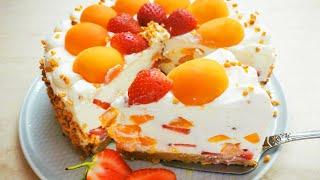 Нежный и вкусный! Йогуртовый торт без выпечки рецепт с абрикосами и клубникой
