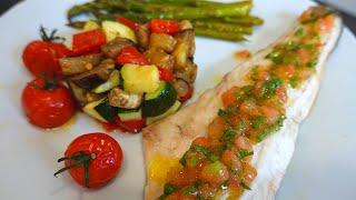 Рыба на ужин!! Сибас с овощами в духовке с французским соусом вьерж. ( Филе рыбы в духовке )
